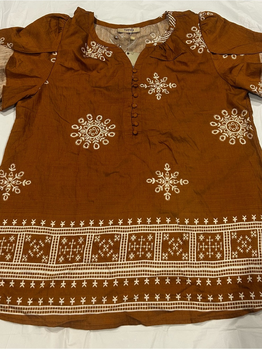 NWT Timeson Boho Design Peasant Blouse Brown Rust Top Large